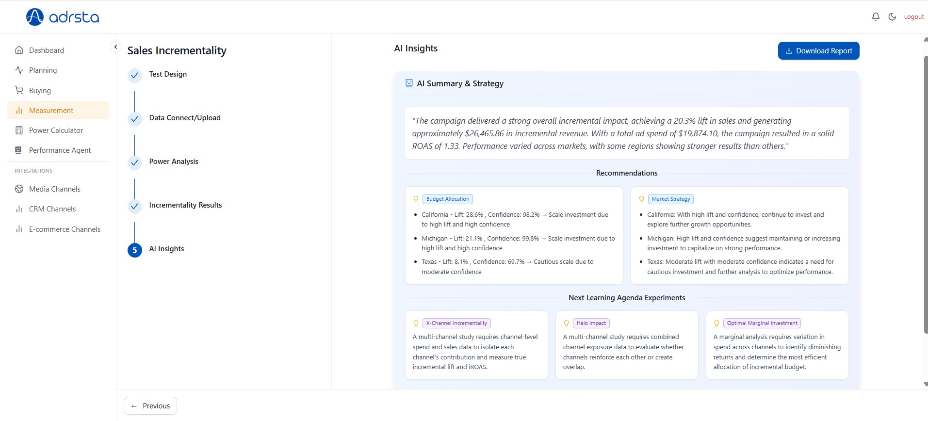 AI insights summary with budget allocation recommendations and next learning experiments